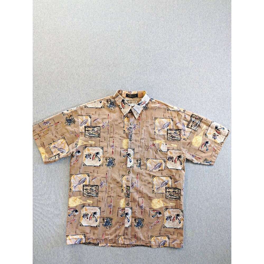 Newsmaker Men's XL Beige Fish Graphic Print SS Woven Button-Up Shirt Pockets
